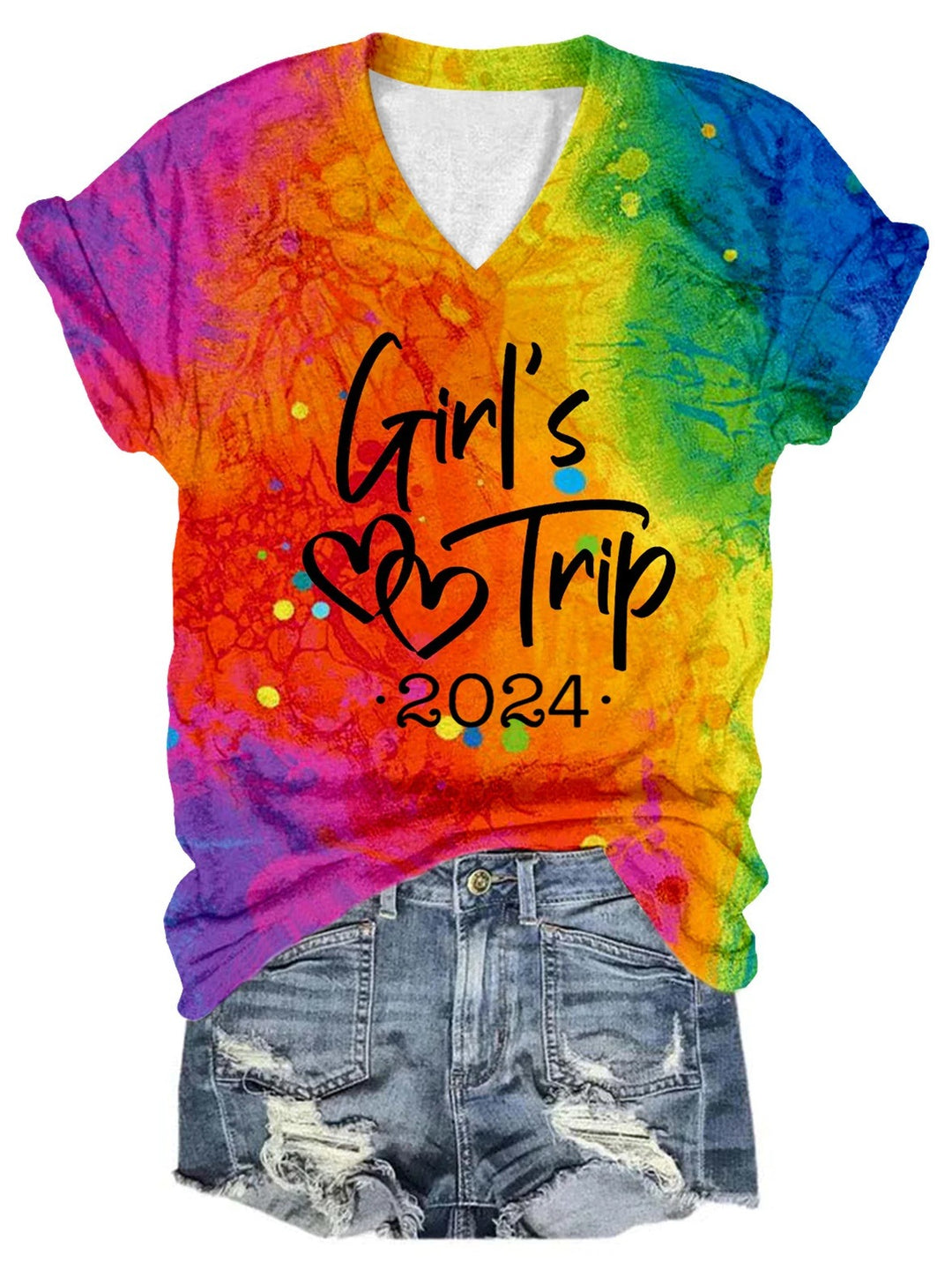 Girl's Trip 2024 Tie-dye Print V-neck T-shirt