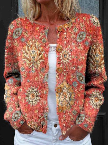 Women's Retro Ethnic Totem Art Print Buttoned Cardigan Sweater