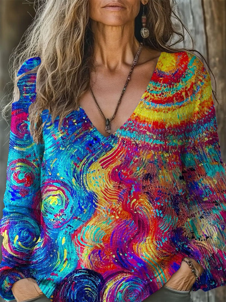 Colorful Starry Sky V-neck Long Sleeve Top