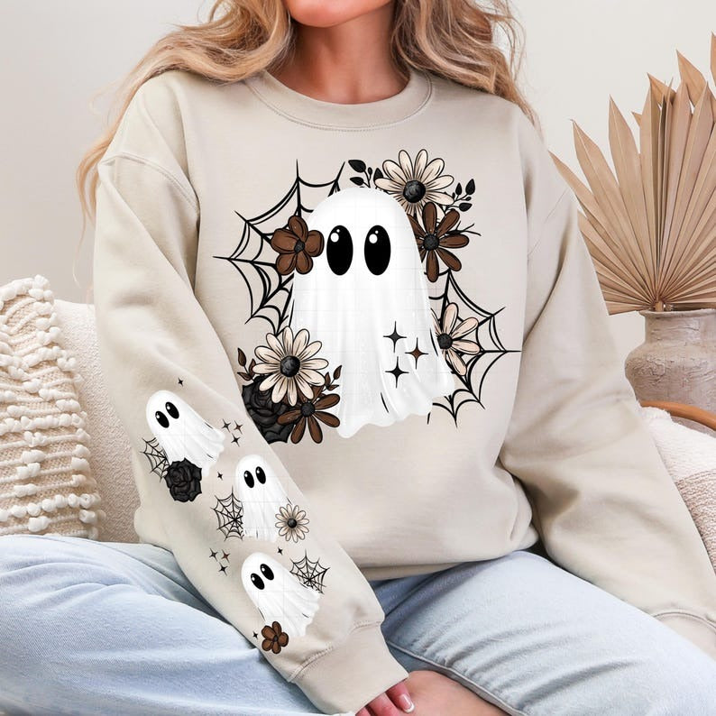 Boho Floral Halloween Ghost Printed Long Sleeve Casual Top