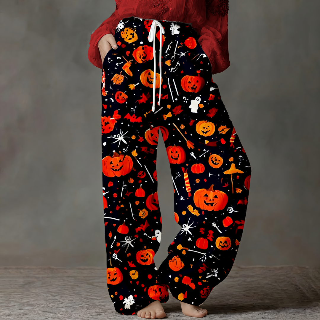 Women's Skeleton Bat Pumpkin Drawstring Wide-Leg Pants