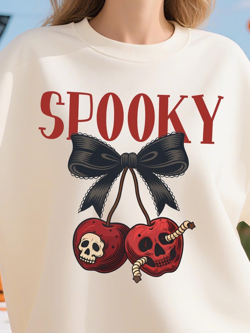 Halloween Spooky Cherry Bow Printed Long Sleeve Casual Top