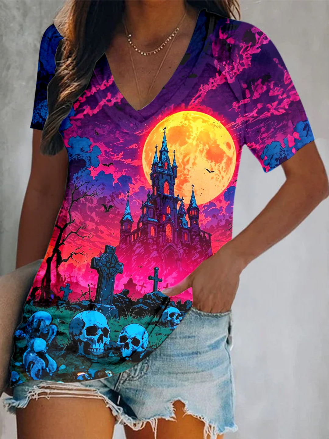 Halloween Faith Skull Art Short Sleeve V Neck Print Top