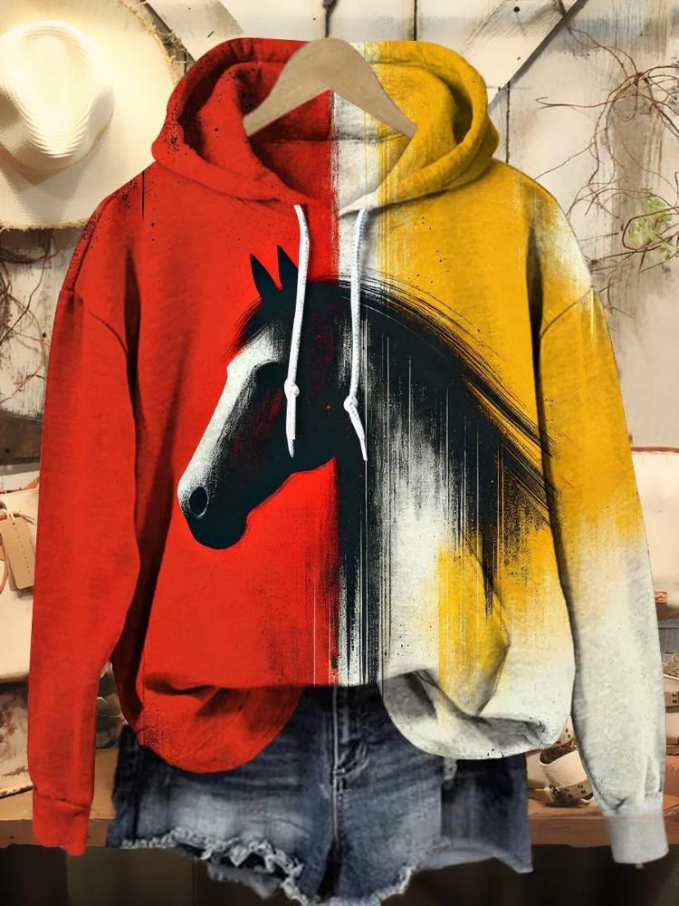 Retro Oil painting Horse Art Print Casual Hoodie Sweatshirt