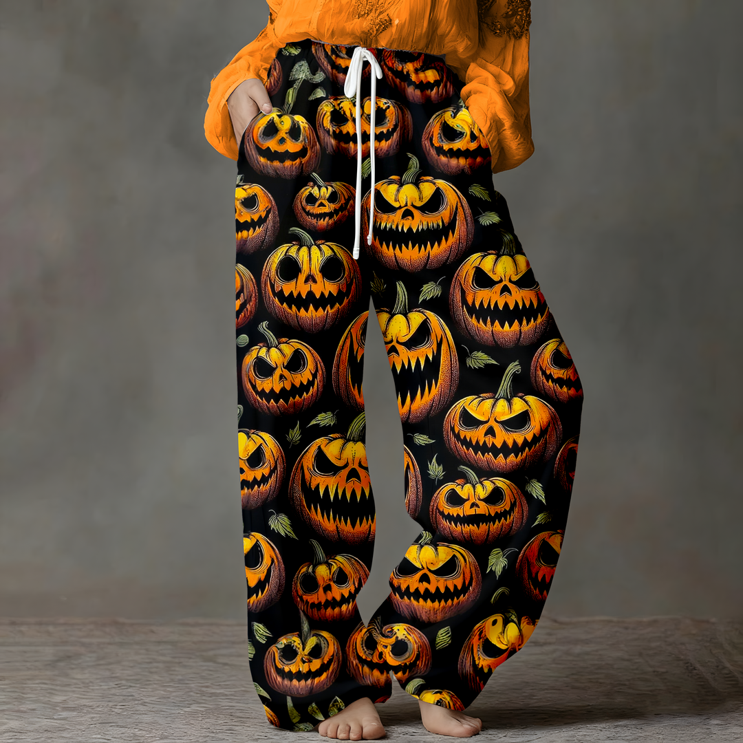 Women's Pumpkin Scream Drawstring Wide-Leg Pants