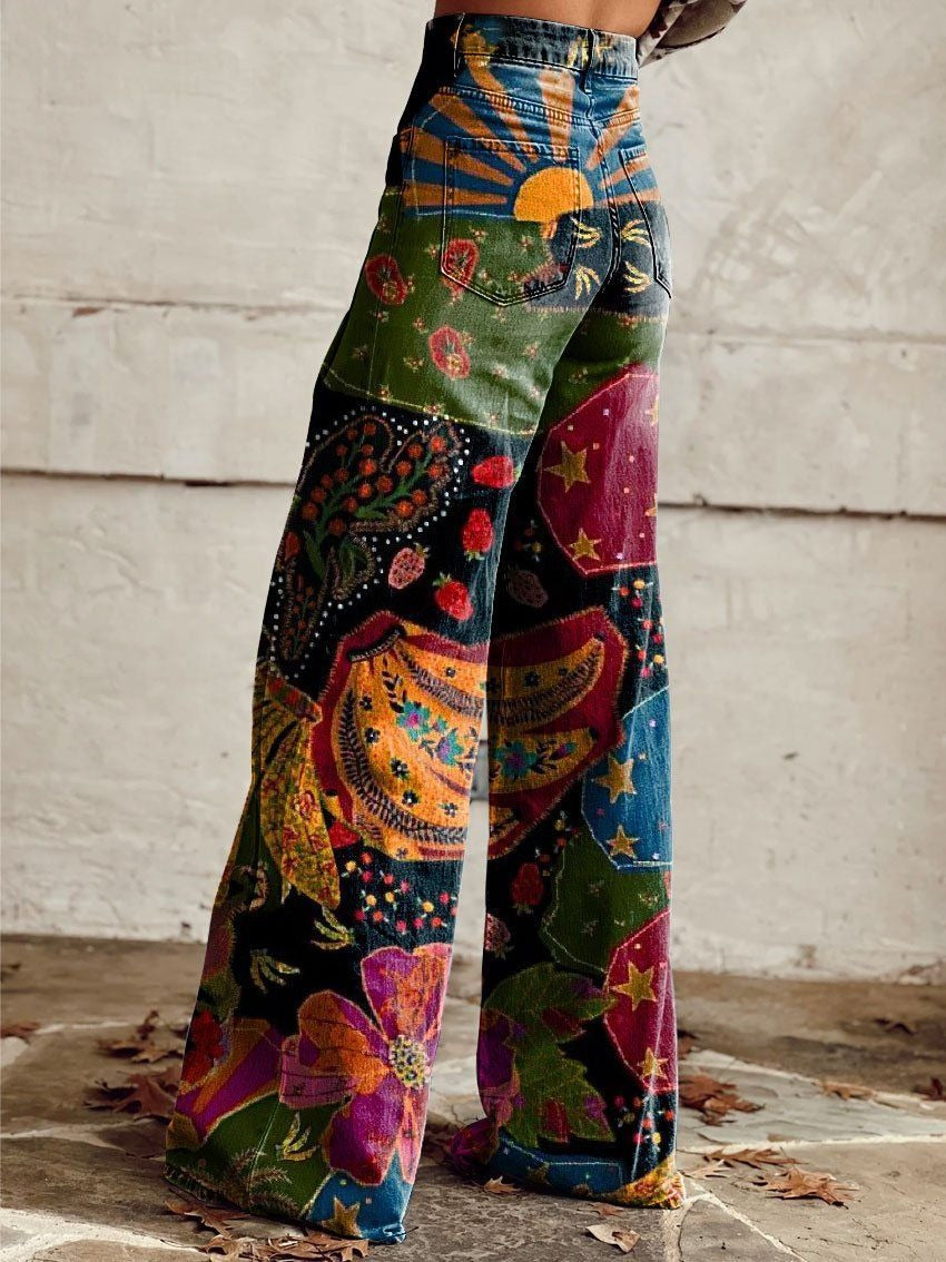 Retro Classic Hippie Collage Art Women's Cotton Flared Jeans Pants