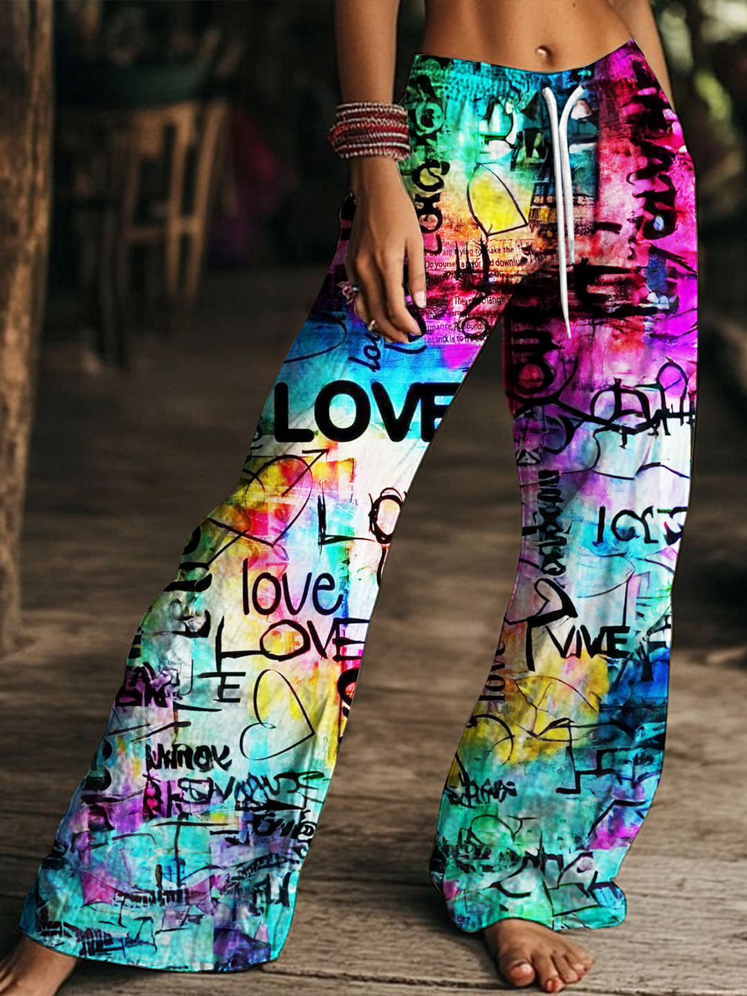 Colorful Hippie Love And Peace Art Women's Drawstring Wide-Leg Pants