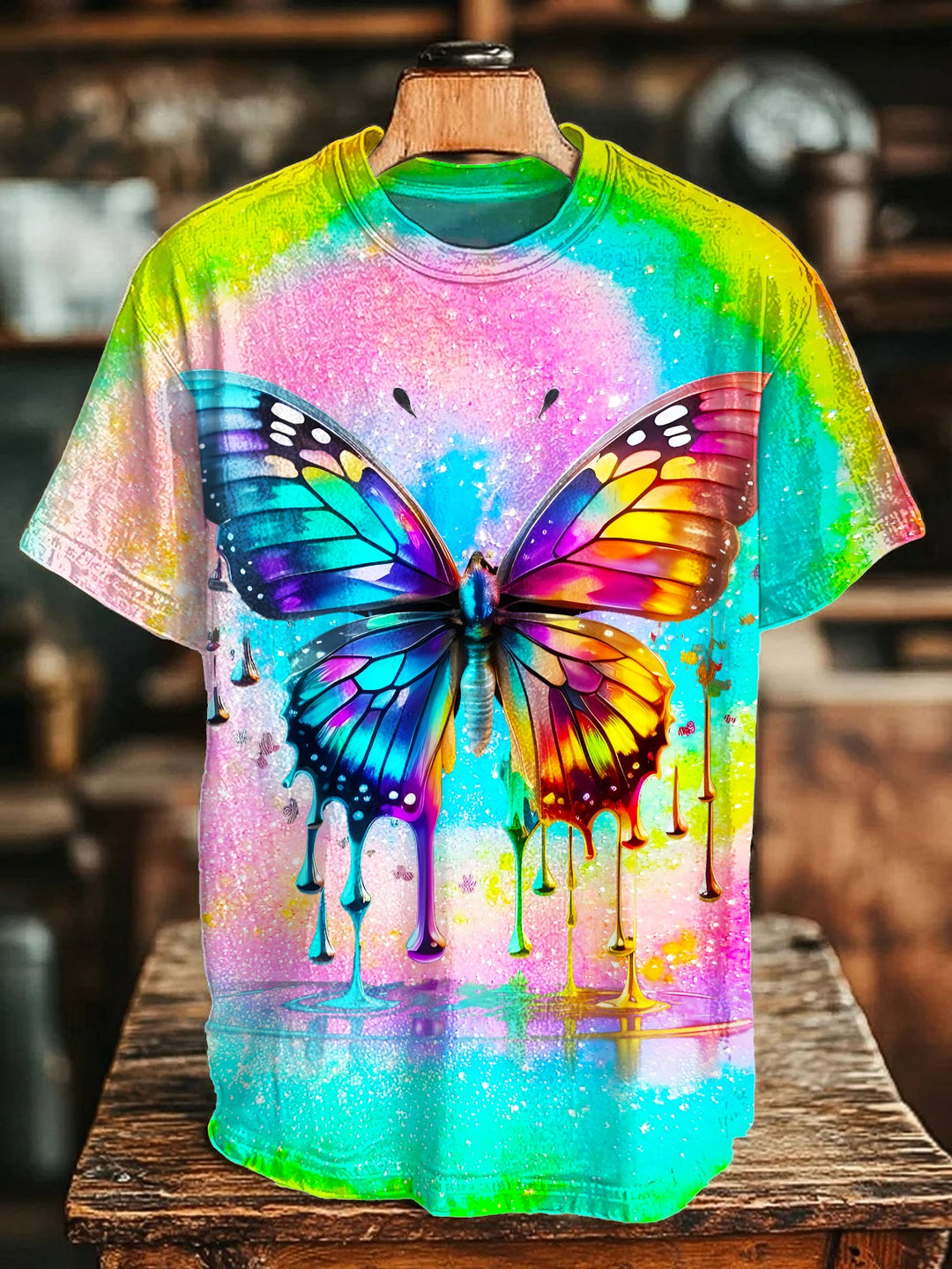 Colorful Tie Dye Hippie Butterfly Art Crew Neck T-shirt