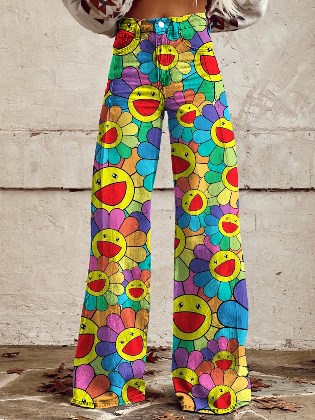 Colorful Hippie Sunflower Smiley Face Art Women's Cotton Flared Jeans Pants