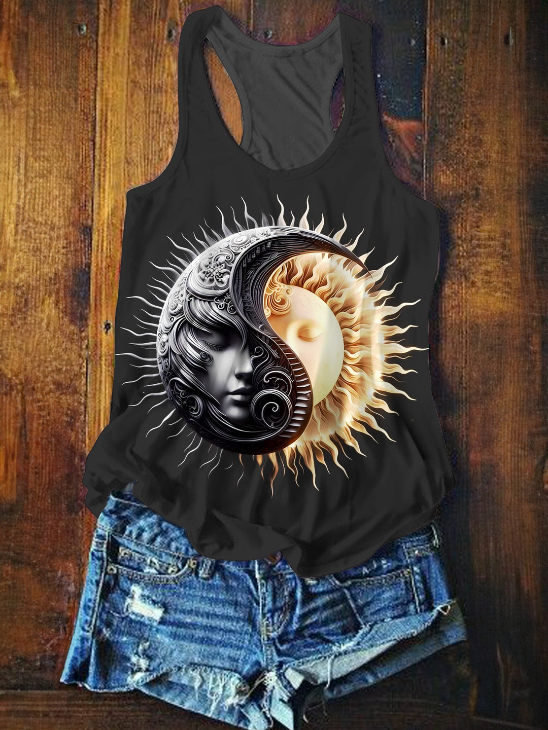 Retro Hippie Sun And Moon Art Printed Casual Tank Top