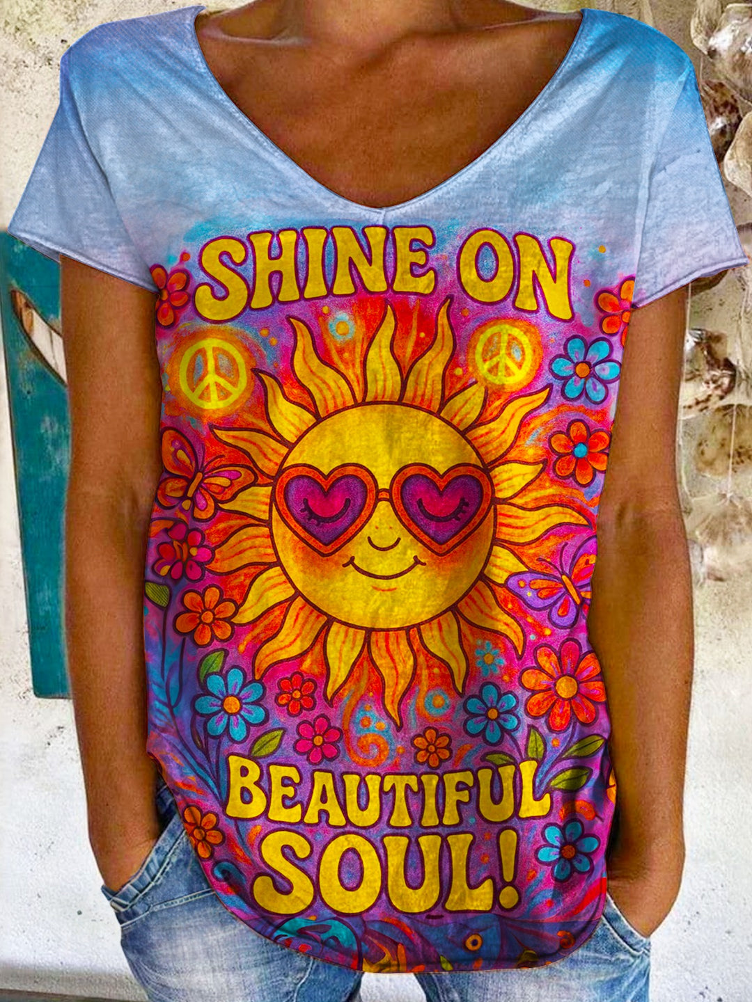 Shine On Beautiful Hippie Soul Ladies V Neck Tops