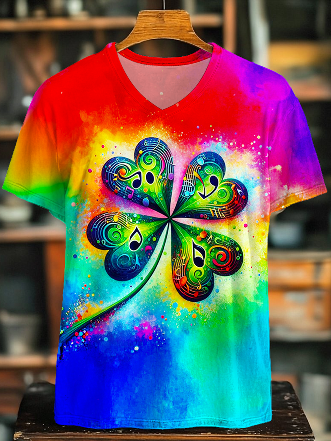 Colorful Clover Hippie Art V-neck T-Shirt