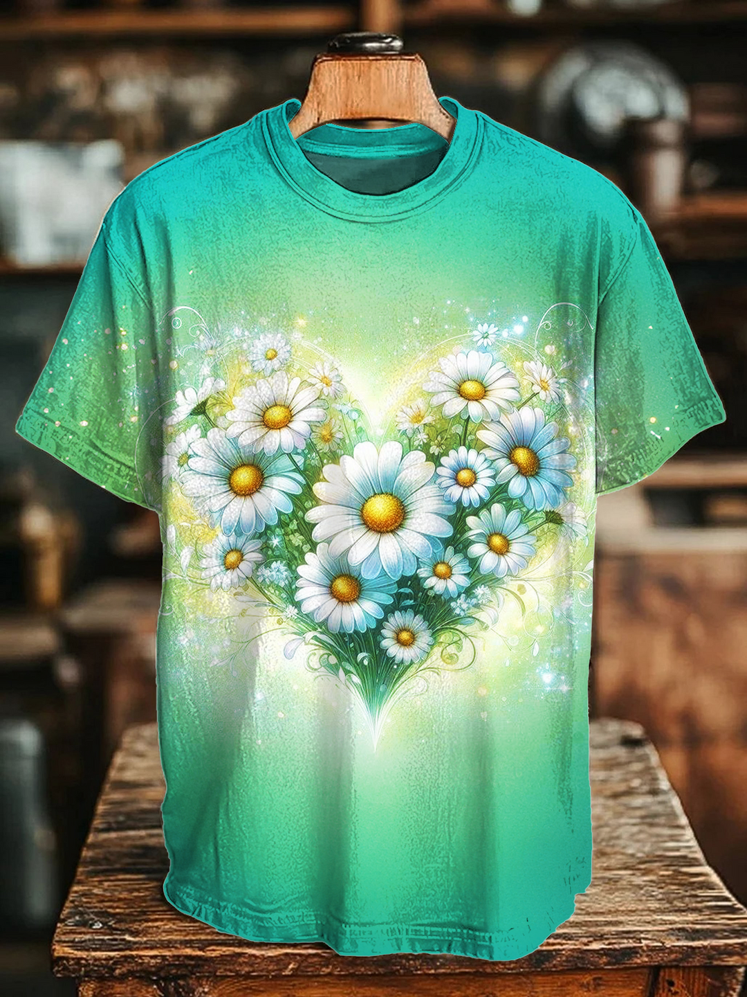 Gradient Glitter Daisy Flowers Love Hippie Art Crew Neck T-shirt