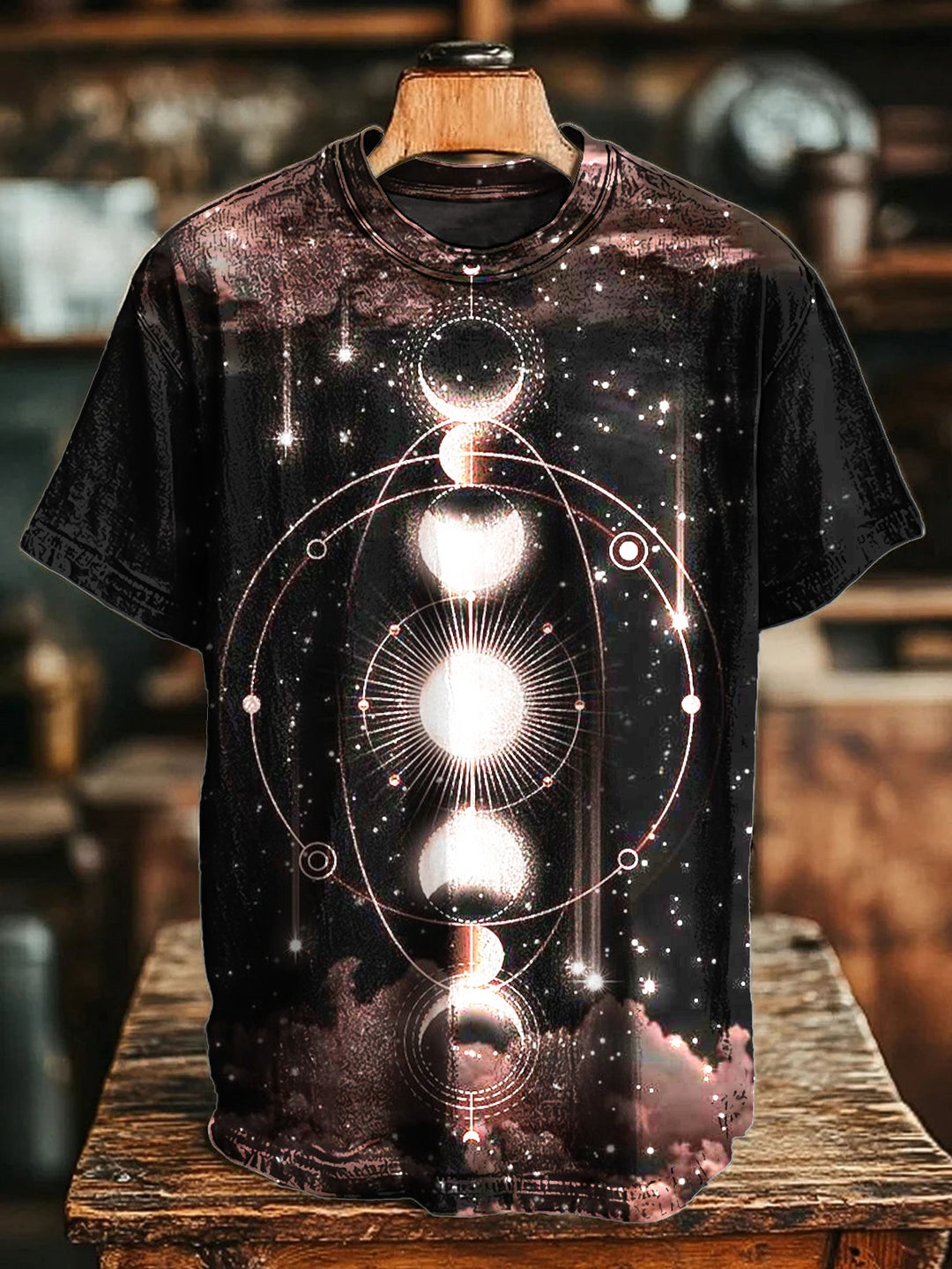 Retro Hippie Sun and Moon Art Cotton Crew Neck T-Shirt