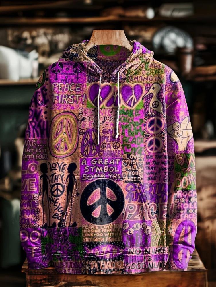 Unisex Retro Purple Peace Hippie Pattern Casual Printed Hooded Pocket Sweatshirt