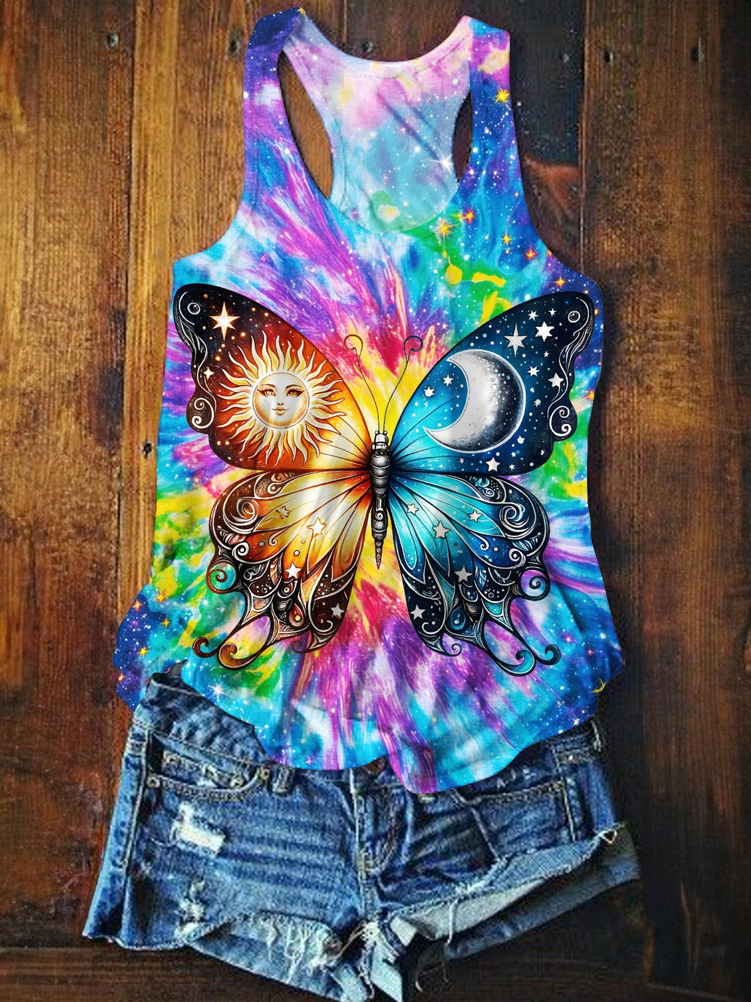 Colorful Tie-dyed Hippie Sun And Moon Butterfly women Printed Casual Tank Top