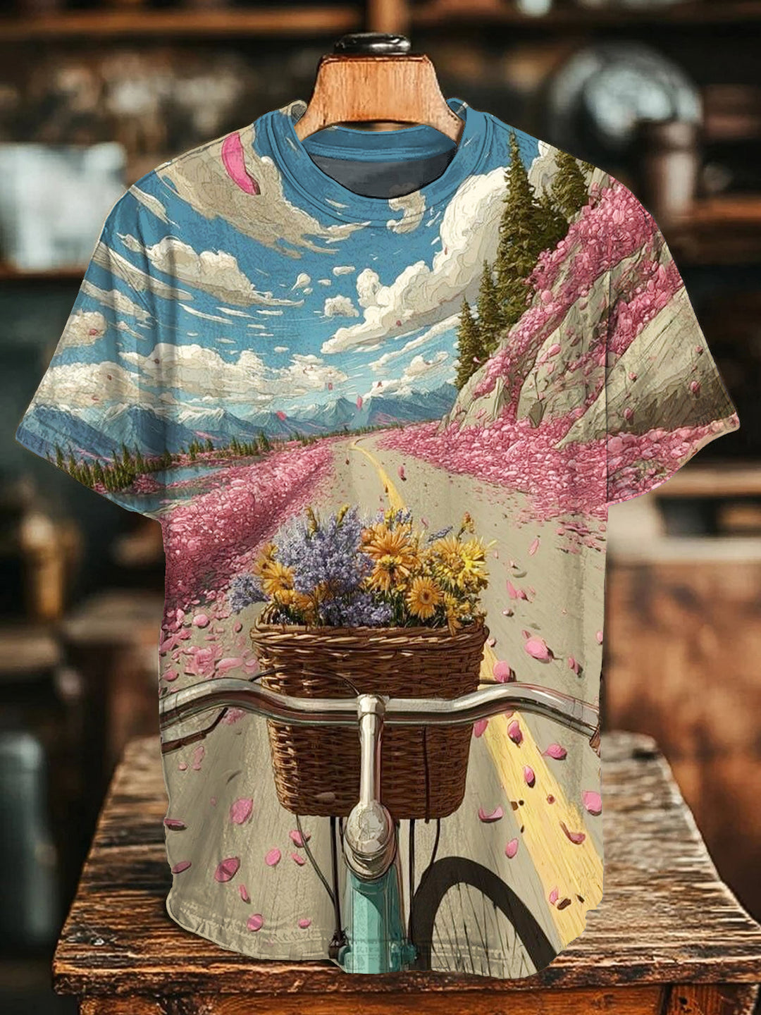 Hippie Floral Road Art Print Crew Neck T-shirt