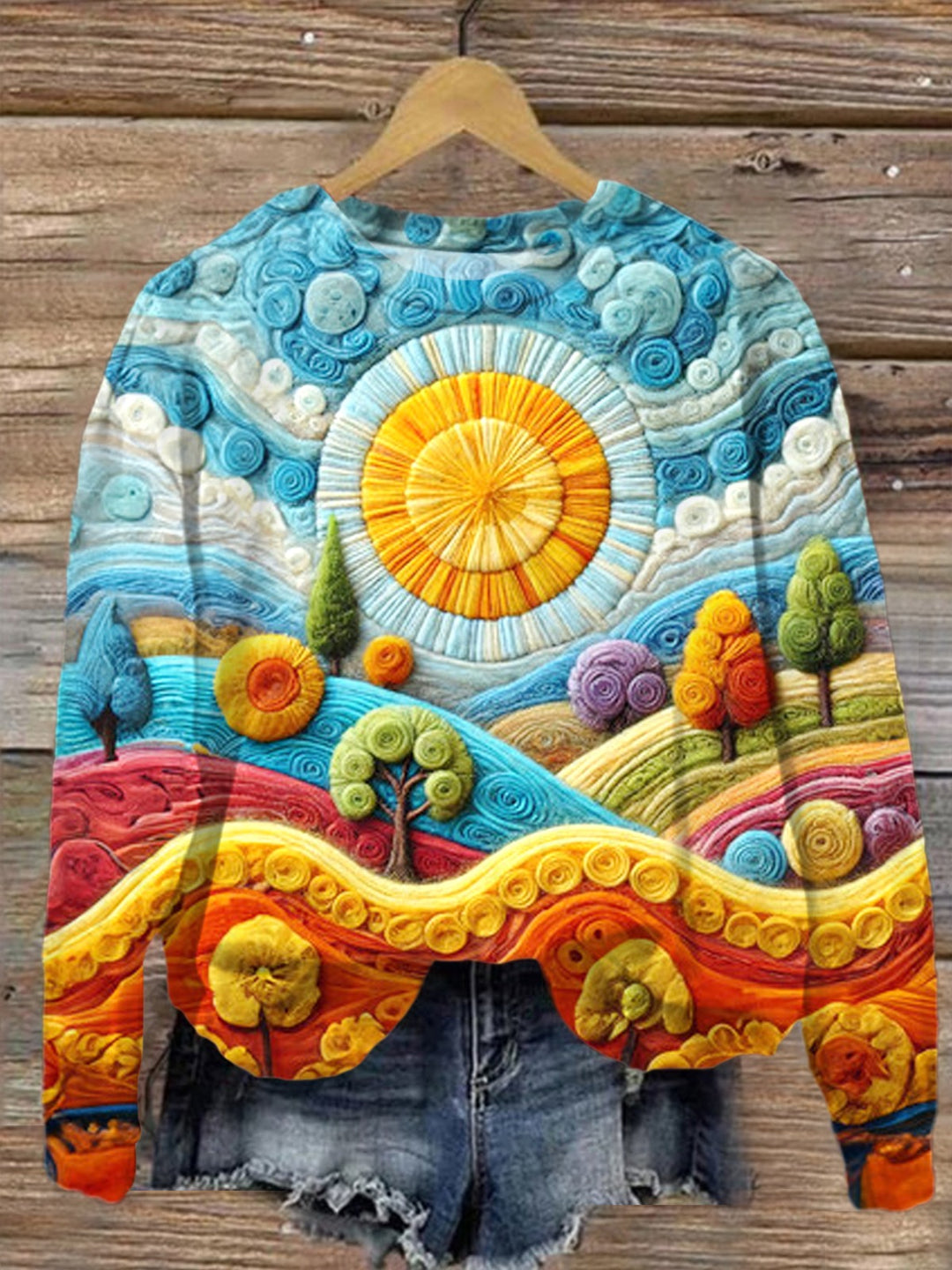 Retro Hippie Sun Bohemian Texture Art Printed Long Sleeve Casual Top