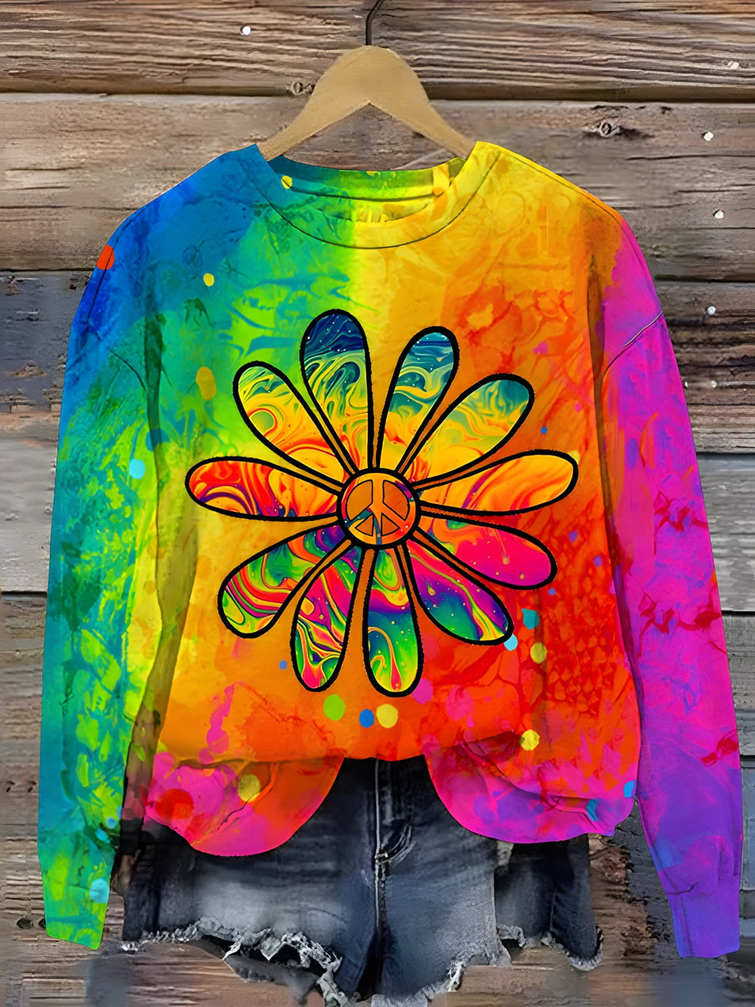 Tie-Dye Hippie Daisy Printed Long Sleeve Casual Top