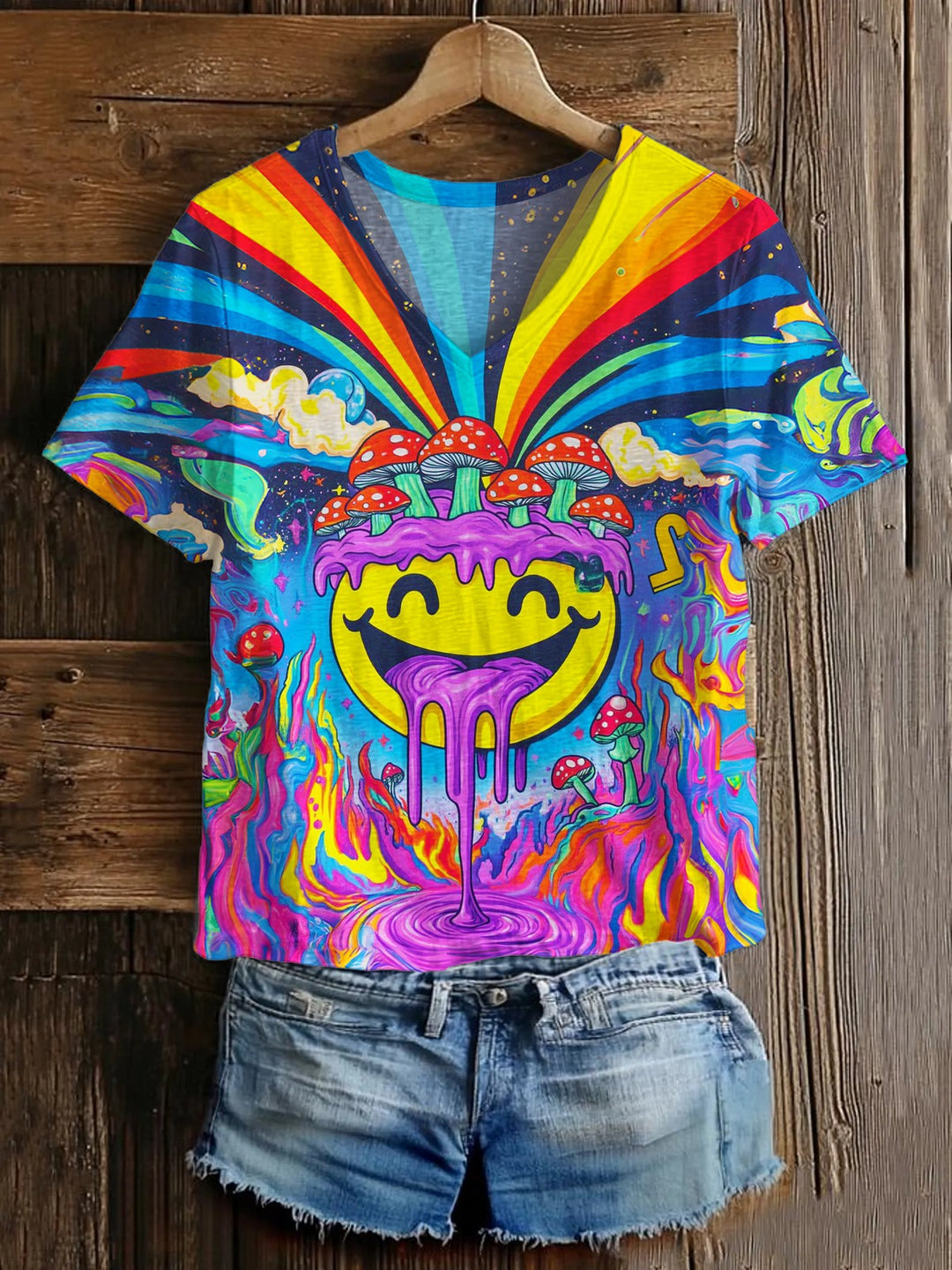 Psychedelic World Hippie Funny Face V-neck T-Shirt