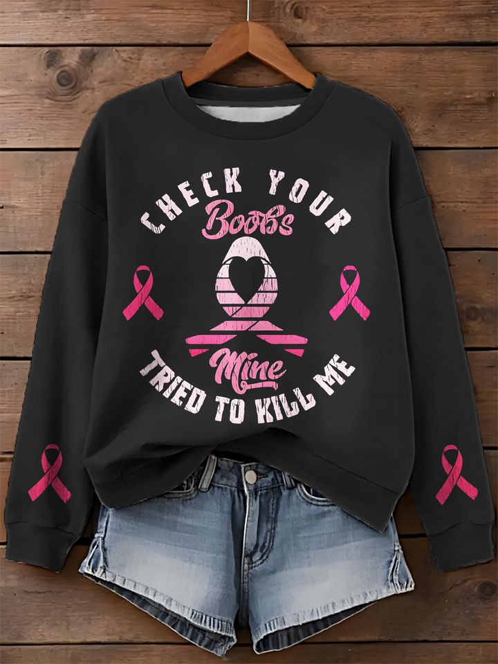 Pink Ribbon Breast Cancer Awareness Month Printed Long Sleeve Casual Top