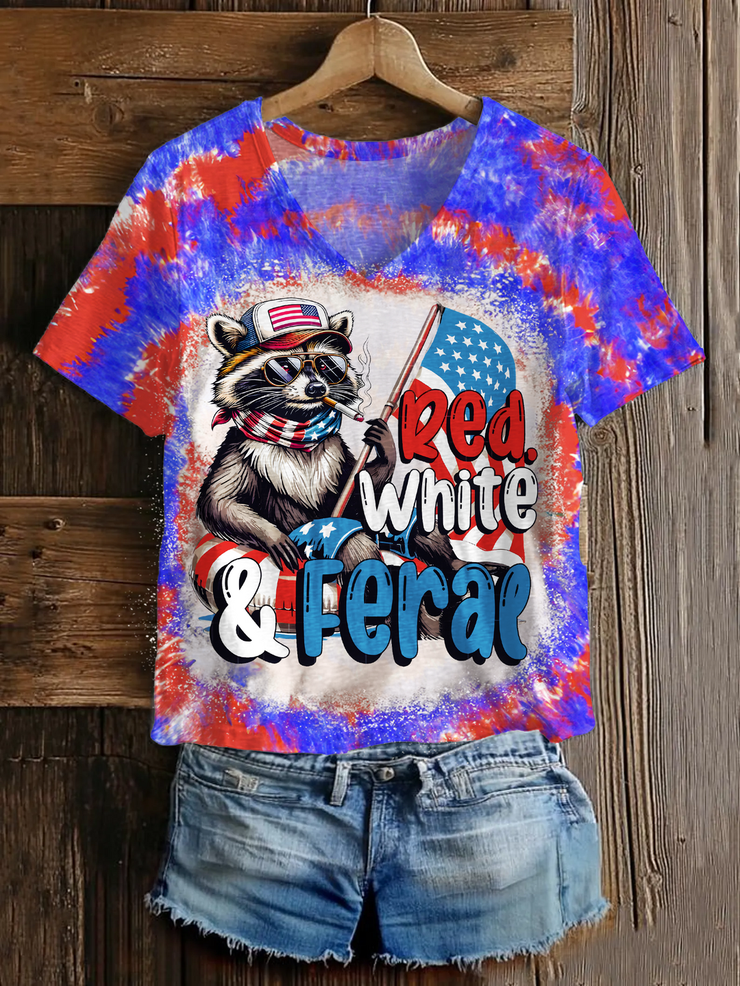 Red White And Feral Funny Raccoon V-neck T-Shirt