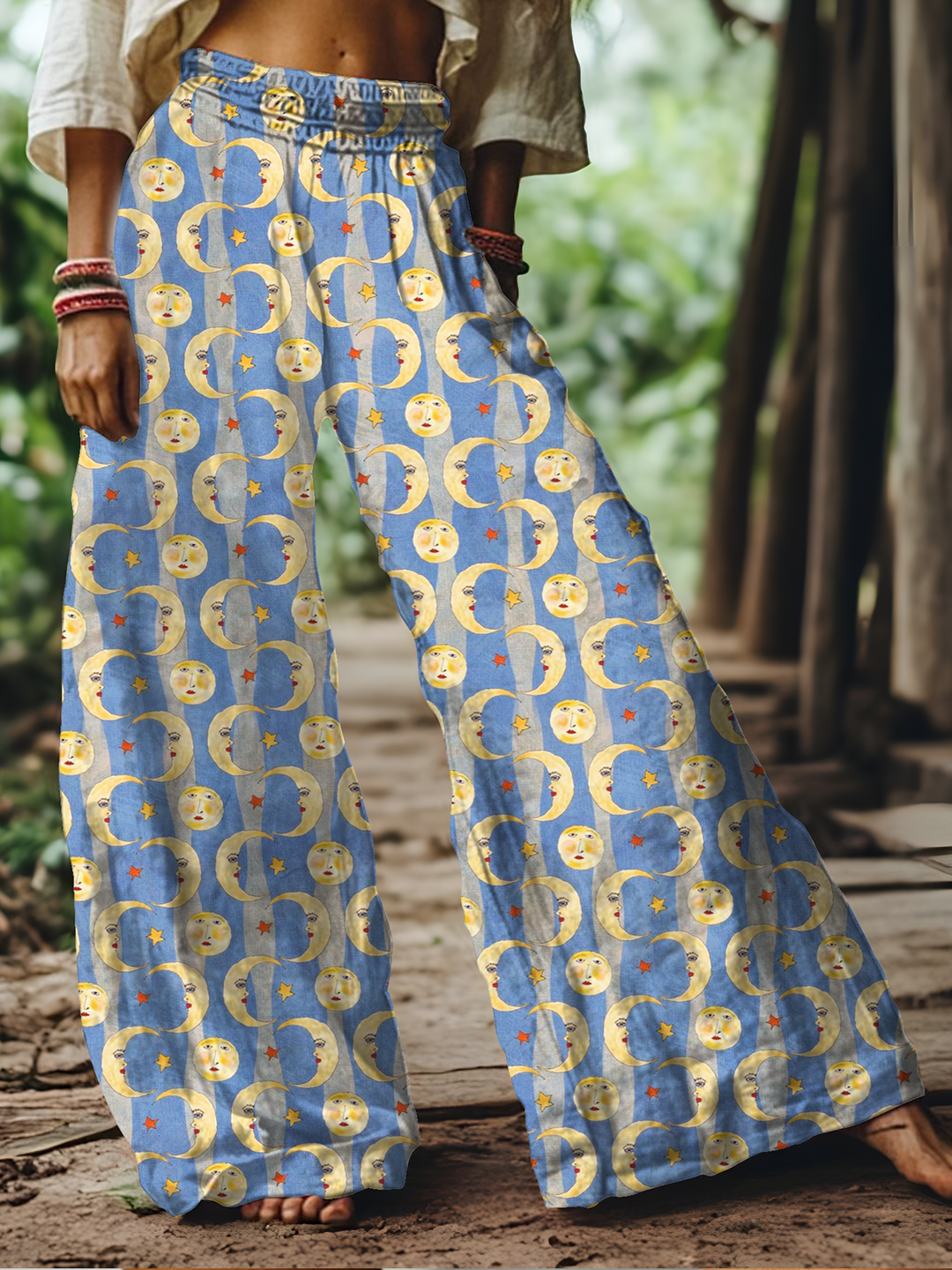 Women's Retro Hippie Sun And Moon Art Wide-Leg Pants