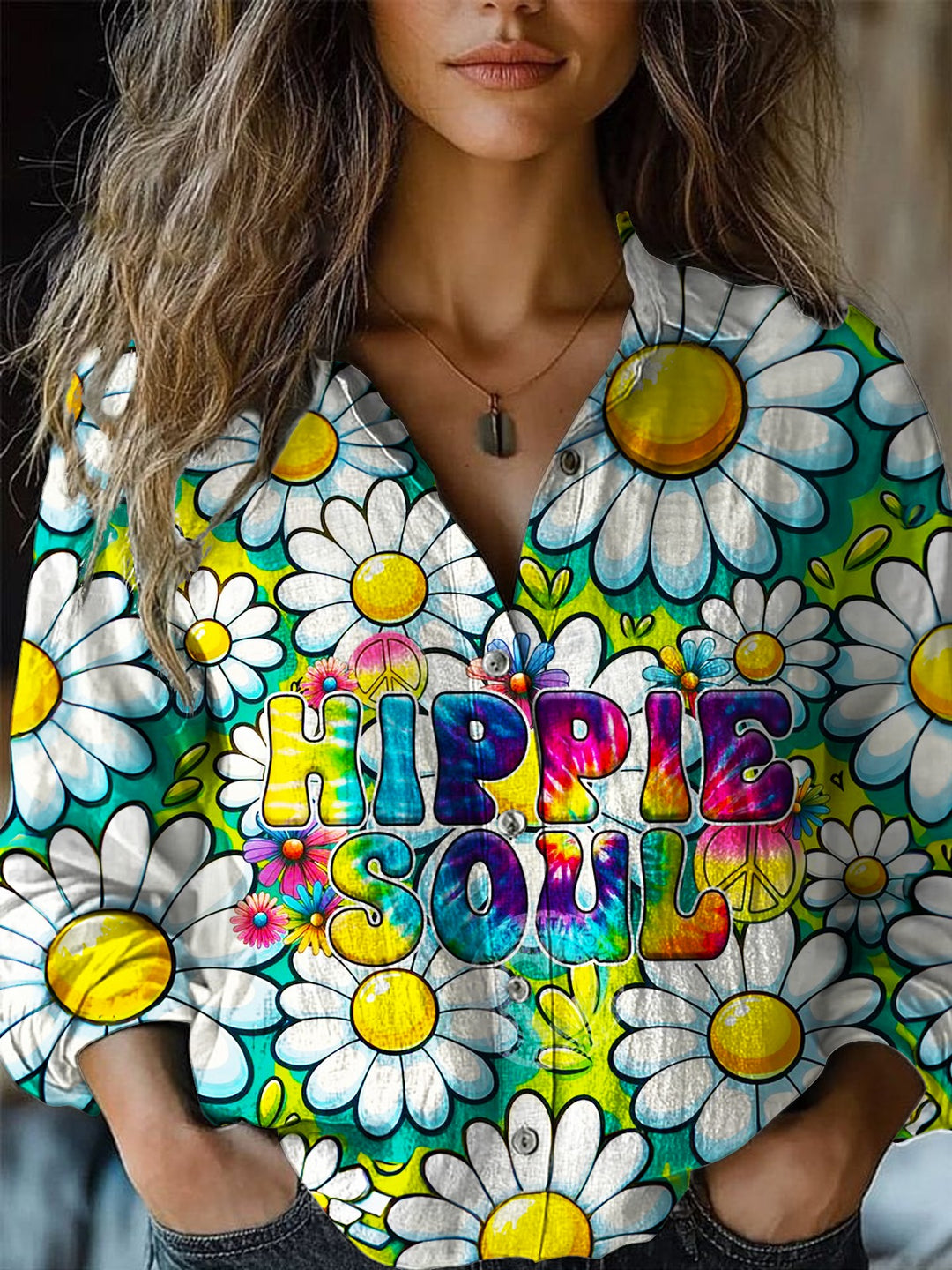 Colorful Daisy Flowers Hippie Art Women's Printed Casual Shirt