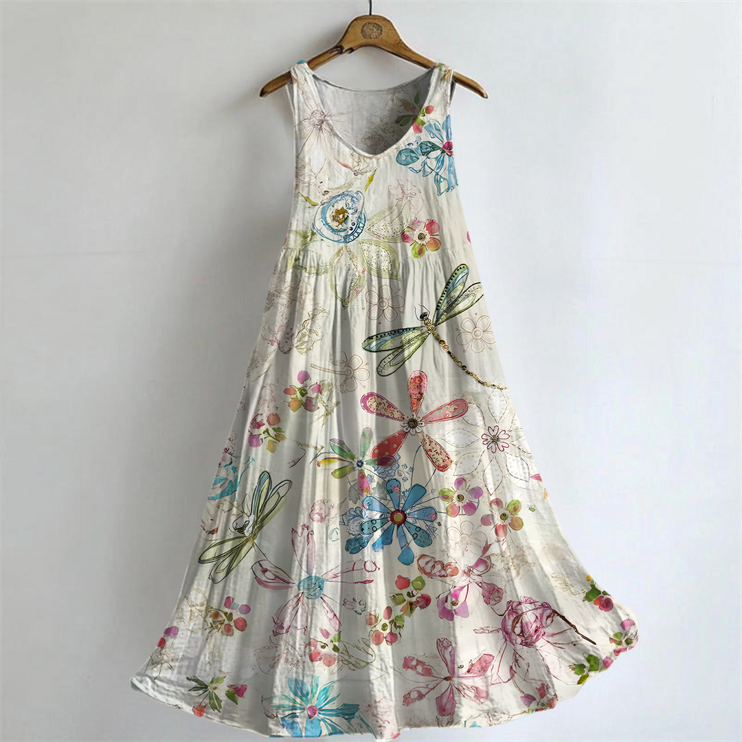 Women's Whispers of Wisdom Vintage Dragonfly Art Print Sleeveless Dresses