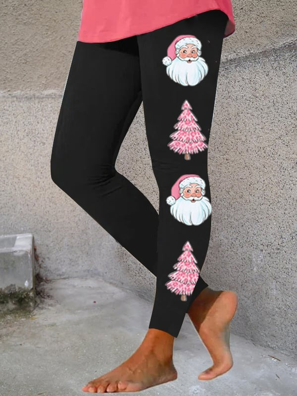 Women's Pink Santa Claus Christmas Tree Print Leggings