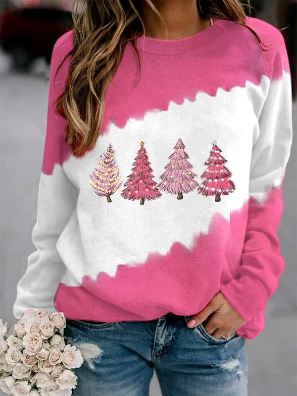 Women's Pink Christmas Tree Print Sweatshirt