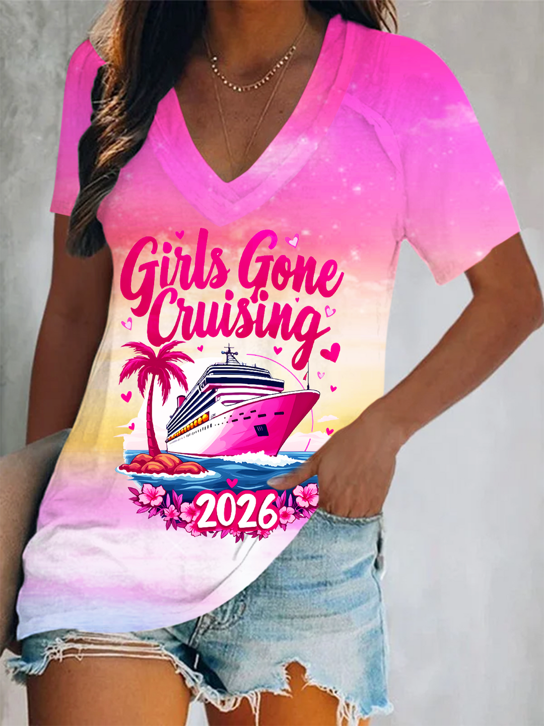 Girls Gone Cruising 2026 Short Sleeve V Neck Print Top