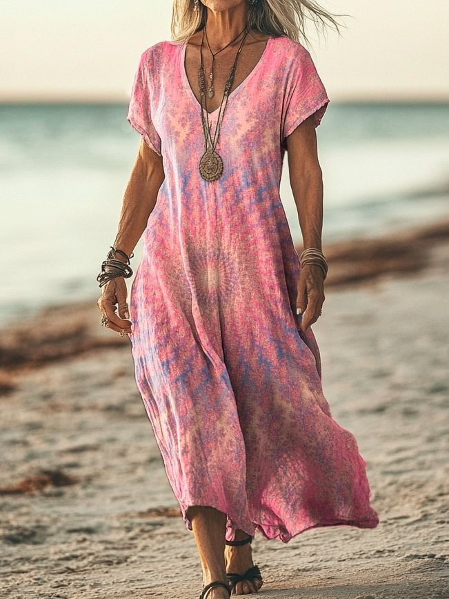 Women's Kaleidoscope Tie Dye Print V-neck Long Dress