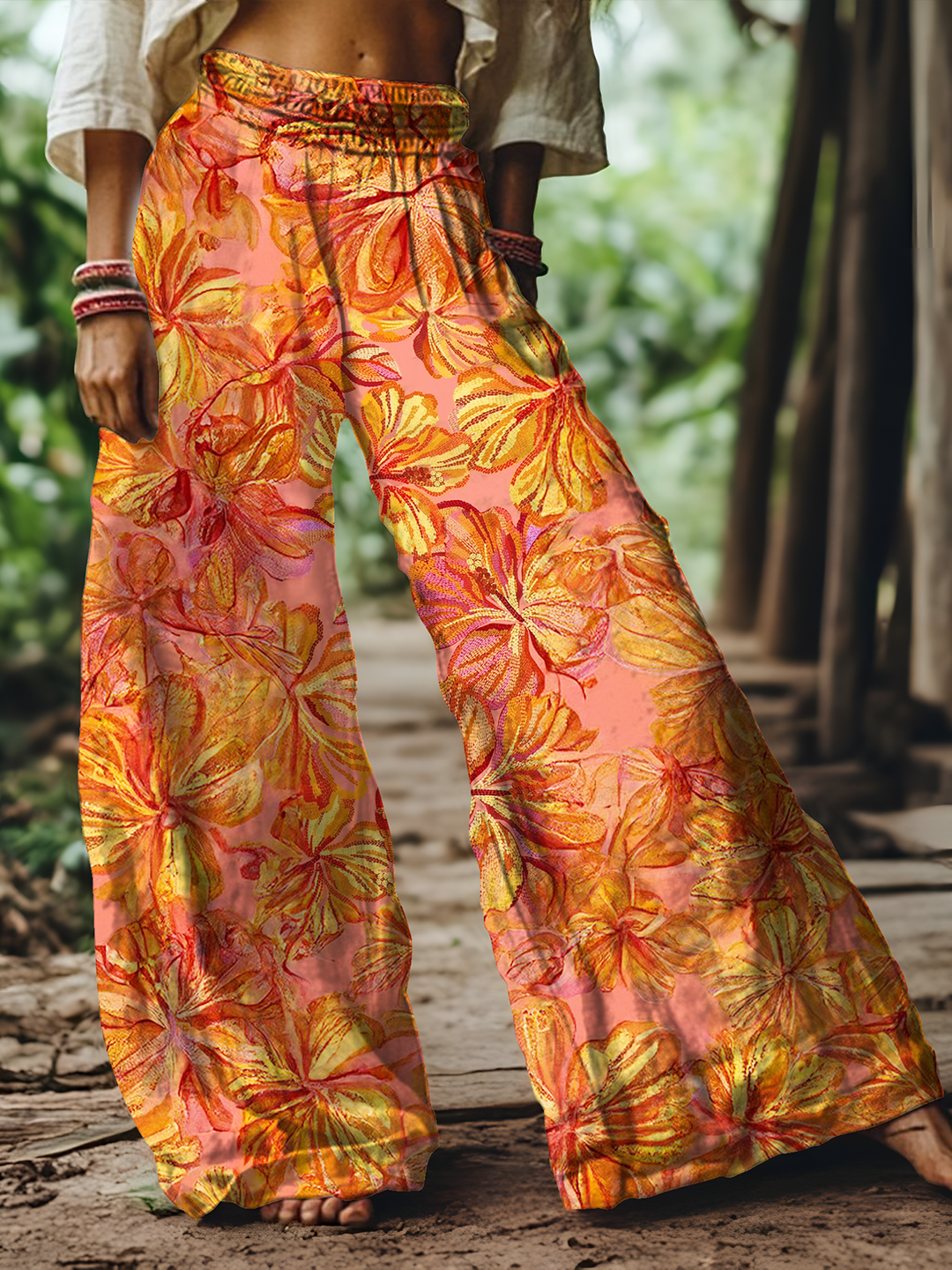 Women's Colorful Vintage Hippie Floral Art Wide-Leg Pants