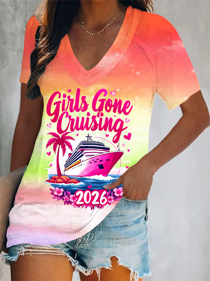 Girls Gone Cruising 2026 Short Sleeve V Neck Print Top