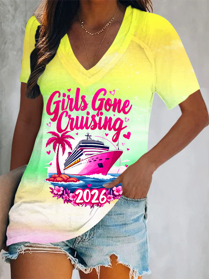 Girls Gone Cruising 2026 Short Sleeve V Neck Print Top