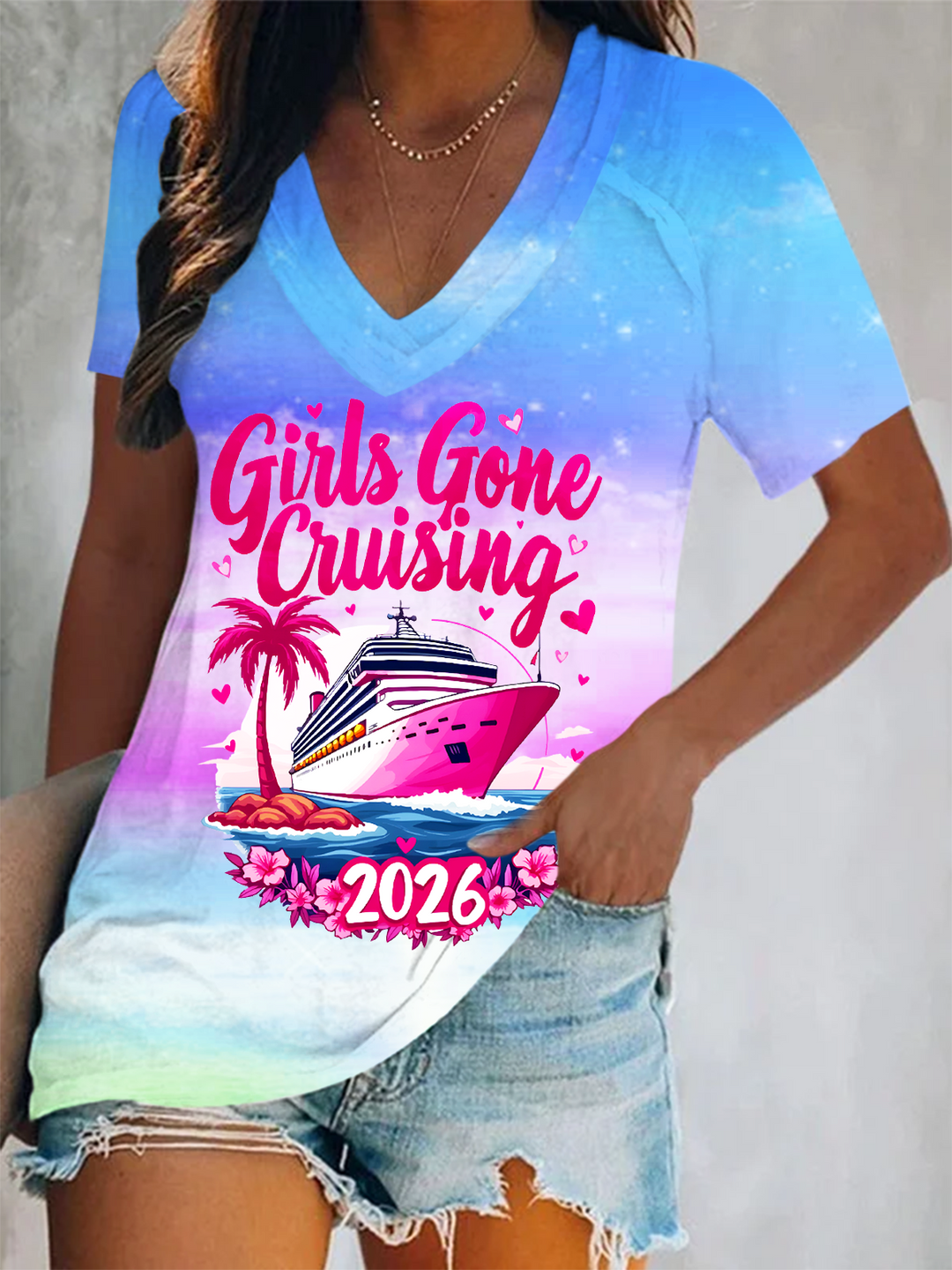 Girls Gone Cruising 2026 Short Sleeve V Neck Print Top