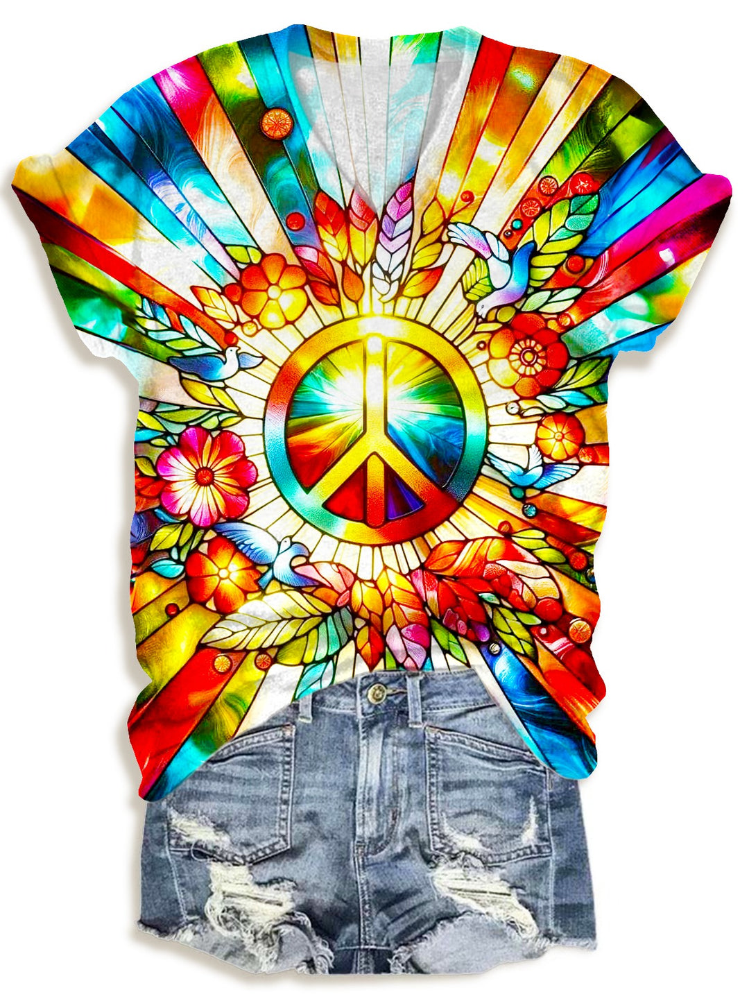 Colorful Hippie Peace Sign Art V-neck T-Shirt