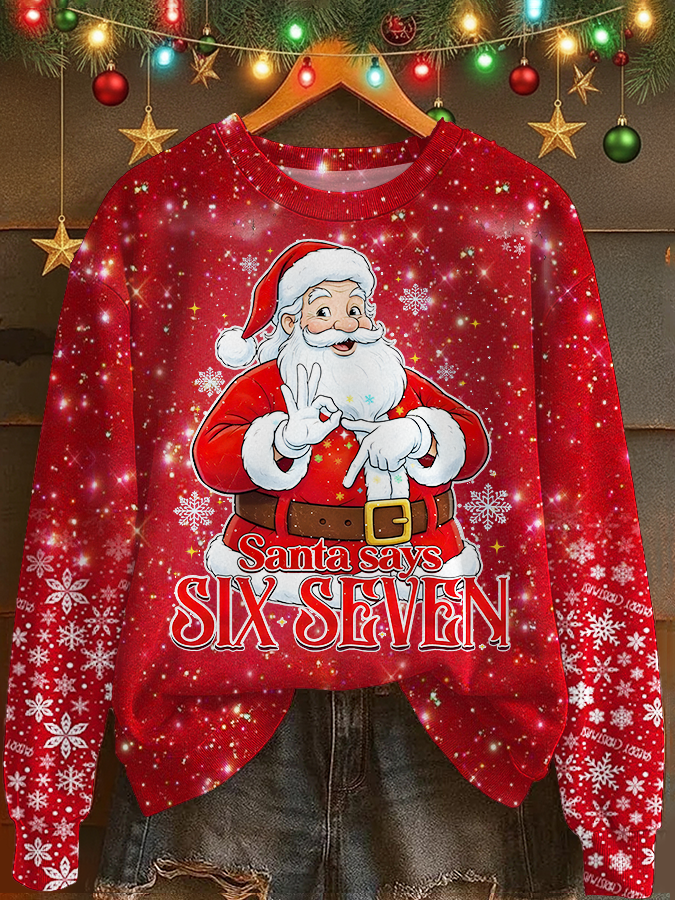 Funny Six Seven Santa Printed Long Sleeve Casual Top