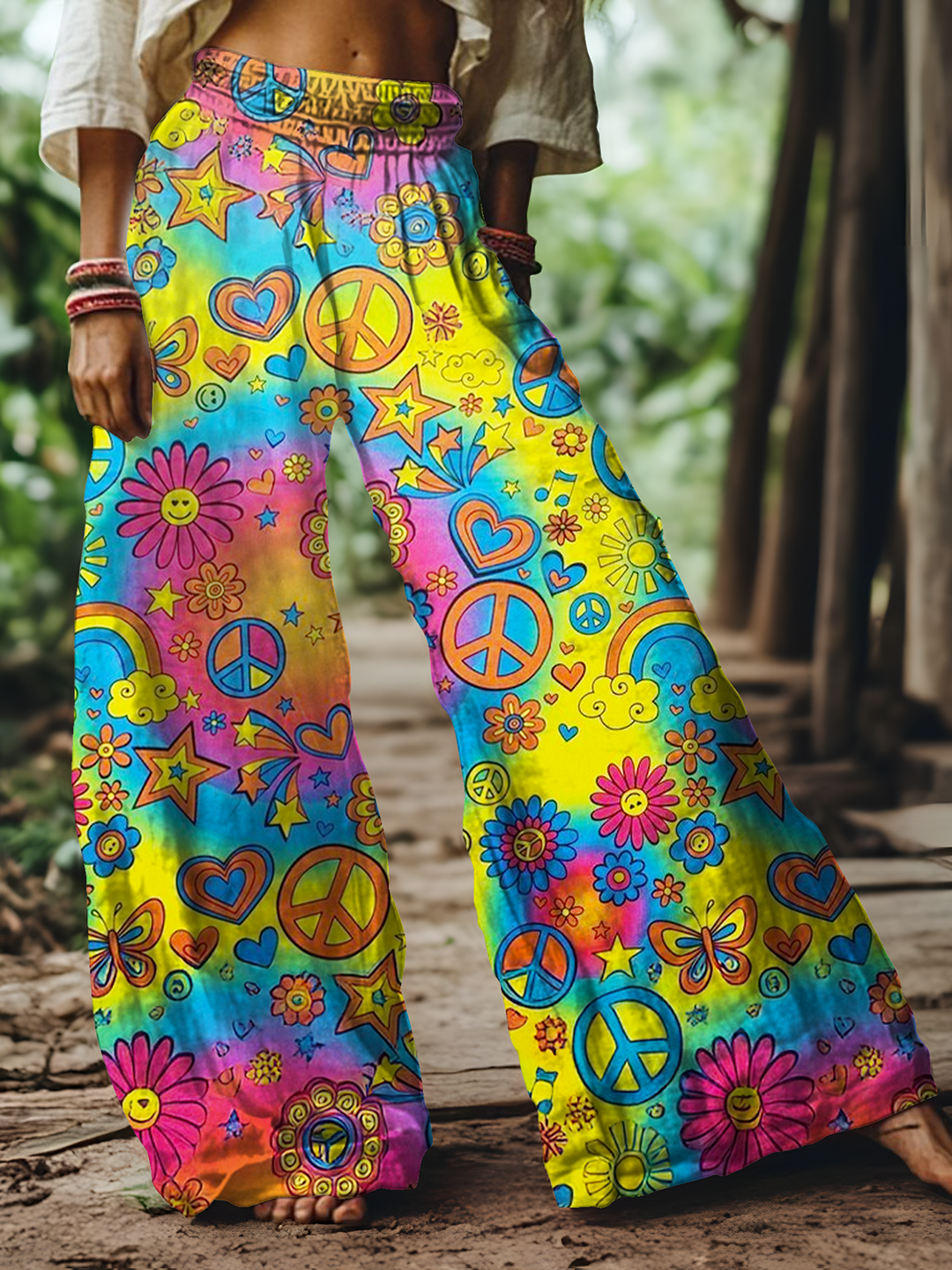 Women's Colorful Love And Peace Hippie Art Wide-Leg Pants