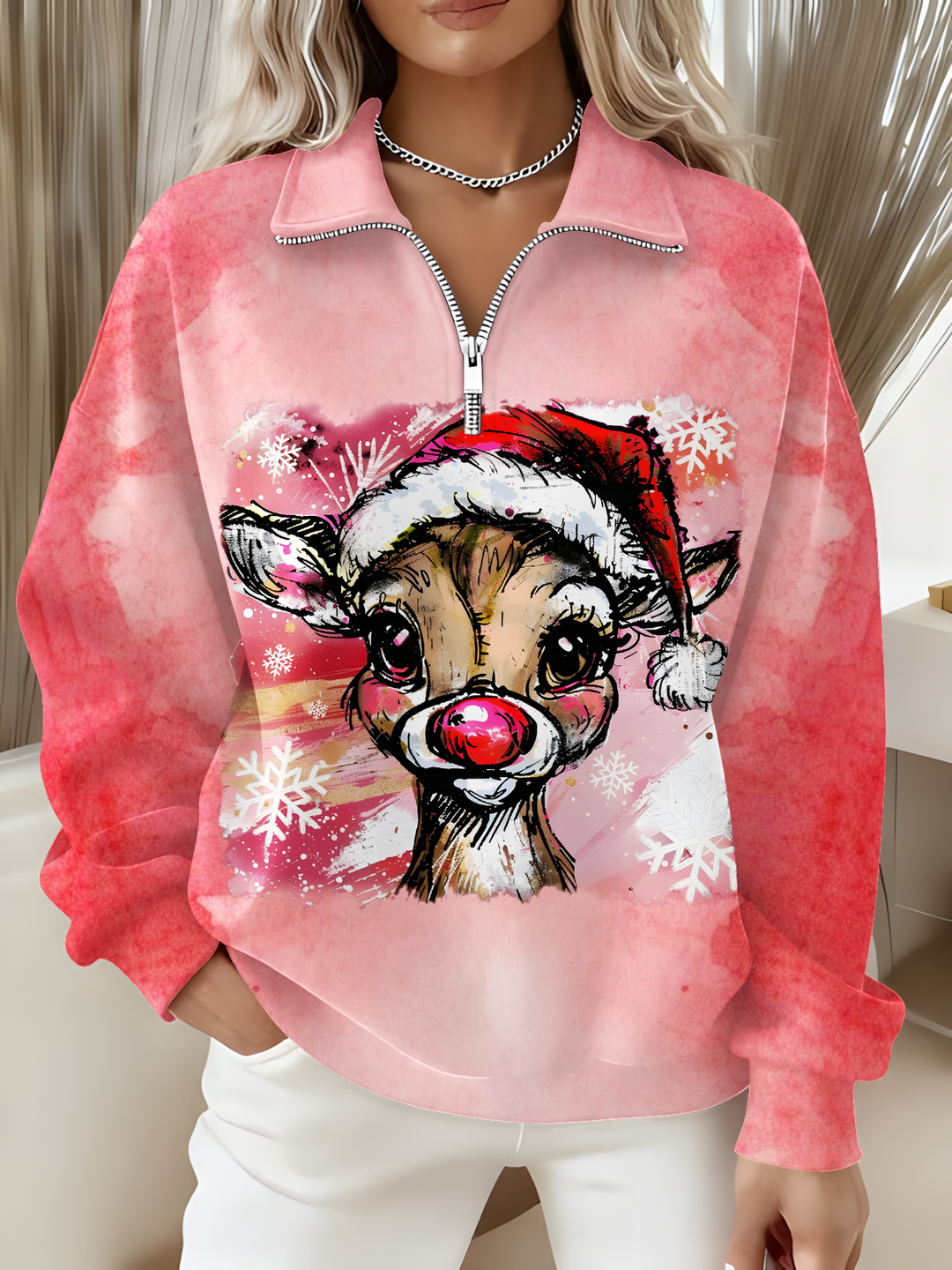 Women's Christmas Reindeer Brushstrokes Long Sleeve Zipper Sweatshirt