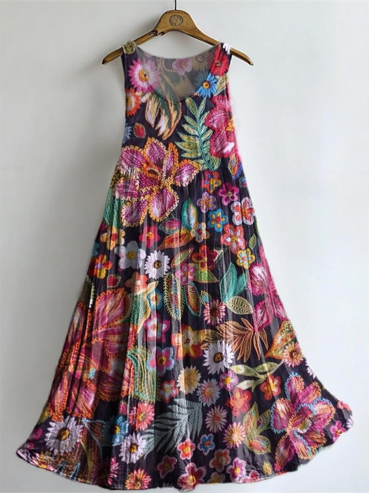 Women's Colorful Folk Floral Art Print Sleeveless Dresses