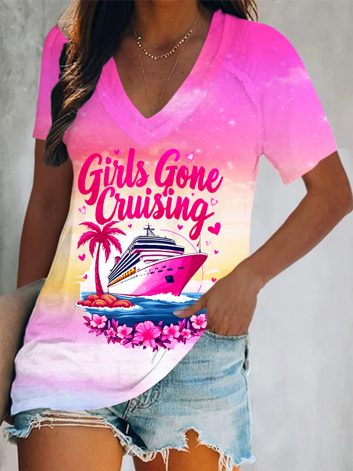 Girls Gone Cruising  Short Sleeve V Neck Print Top