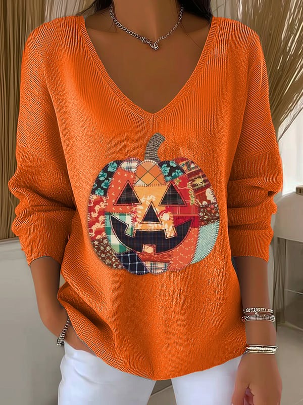 Women's Fall Pumpkin Print Casual Pullover Sweater