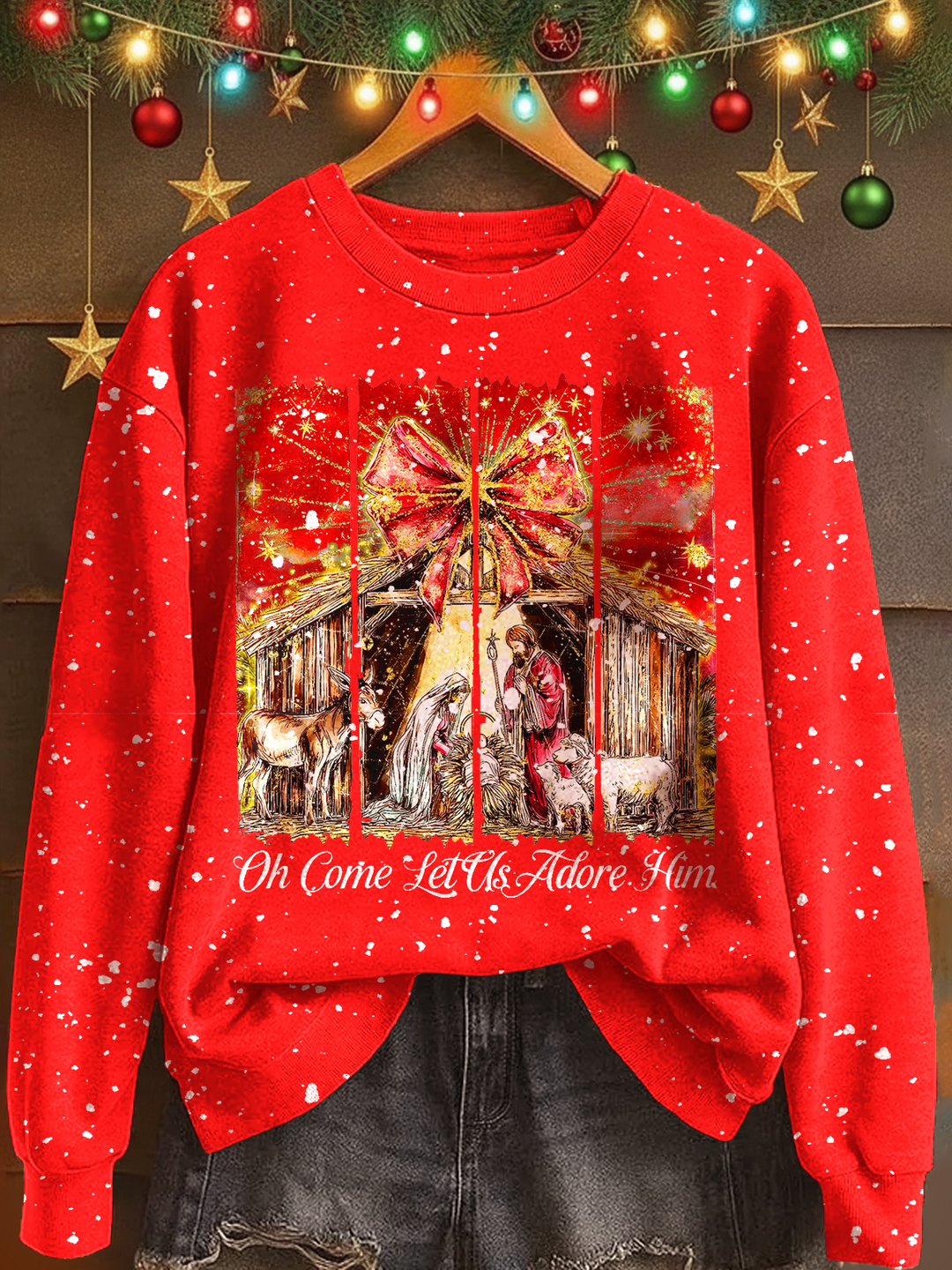 Oh Come Let Us Adore Him Printed Long Sleeve Casual Top