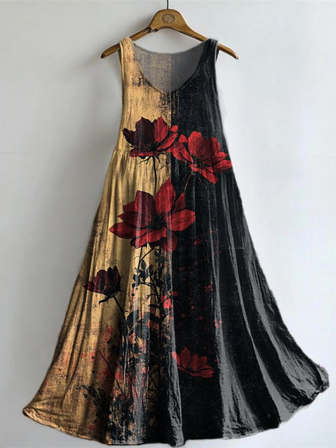Women's Retro Rose Flower Art Print Sleeveless Dresses