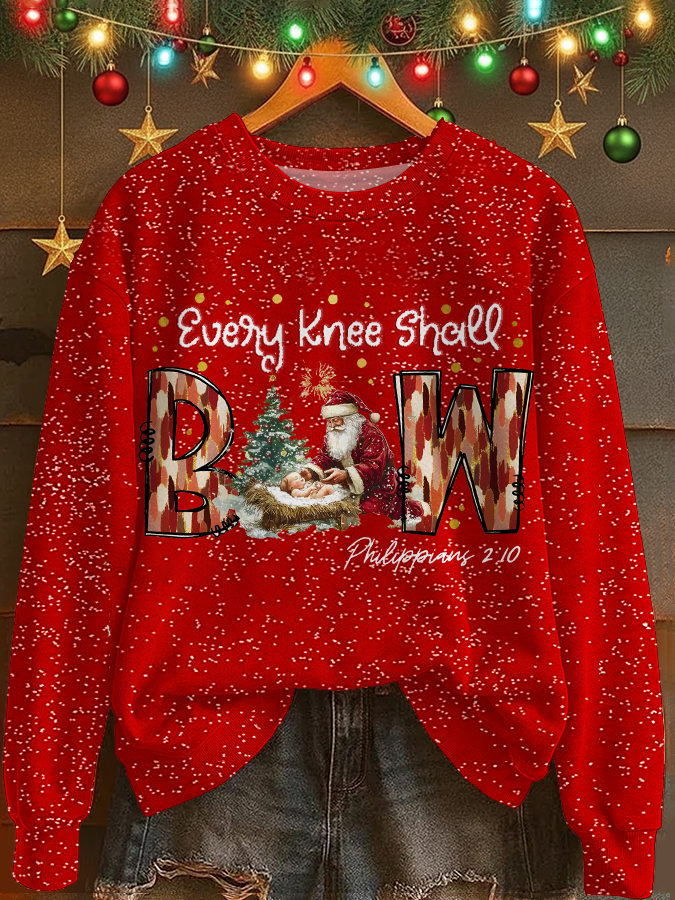 Every Knee Shall Bow Santa Printed Long Sleeve Casual Top