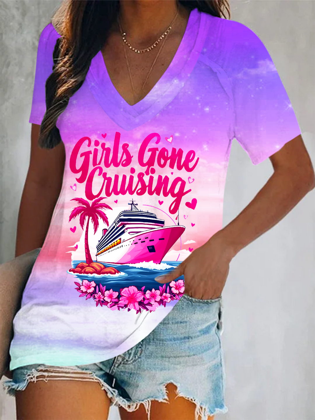 Girls Gone Cruising  Short Sleeve V Neck Print Top