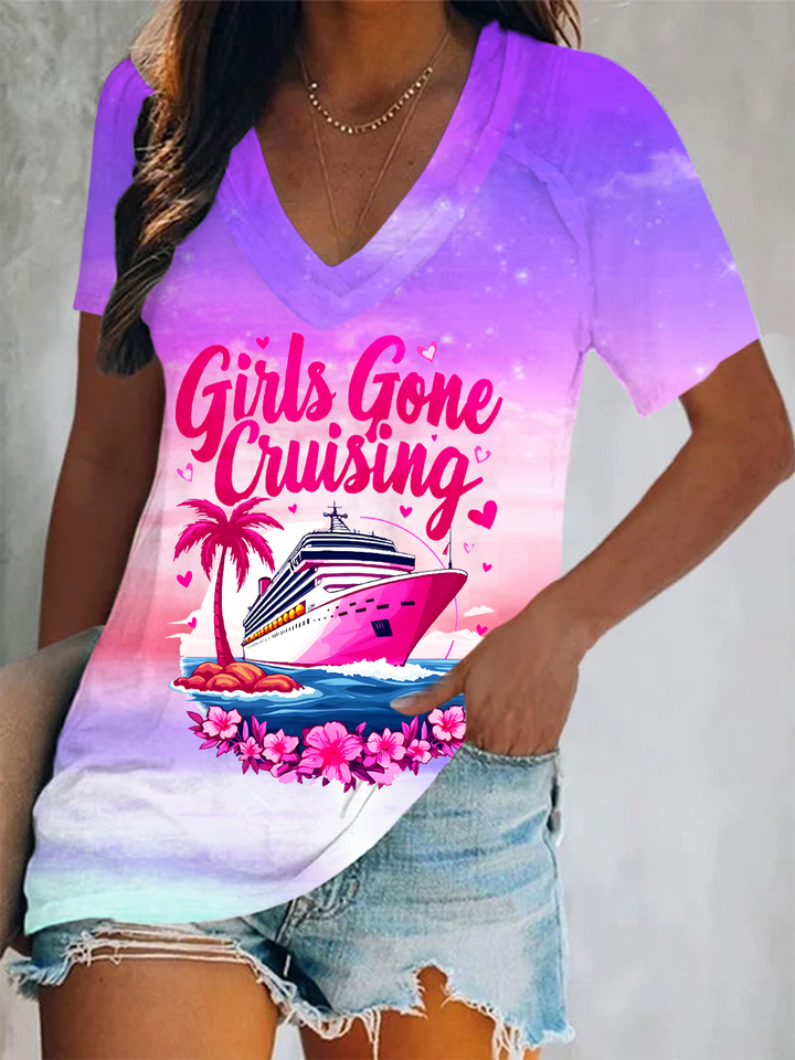 Girls Gone Cruising  Short Sleeve V Neck Print Top