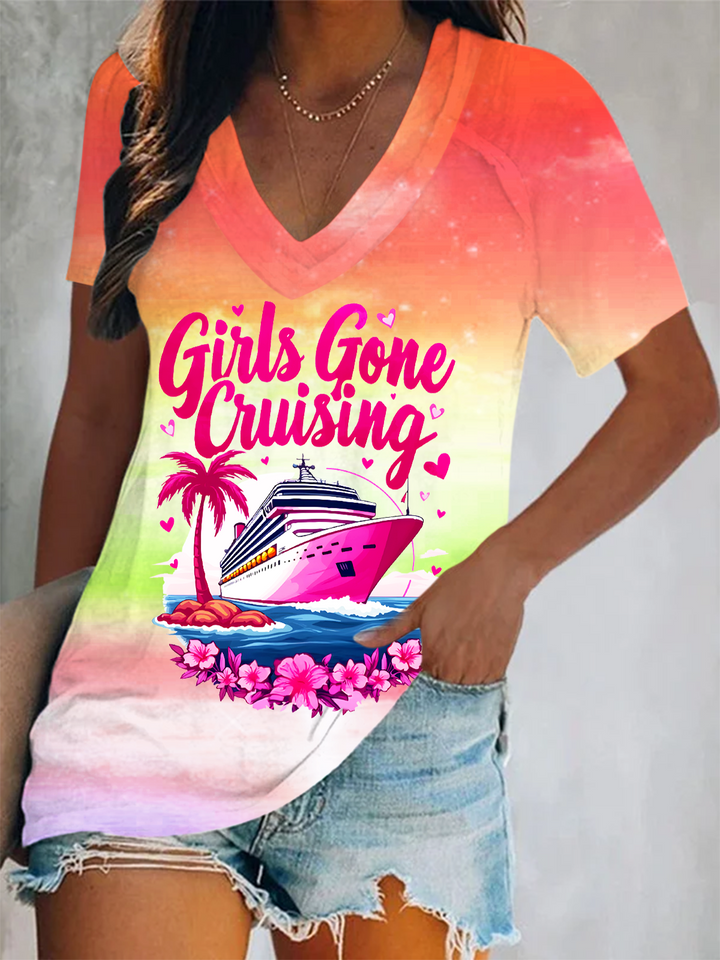 Girls Gone Cruising  Short Sleeve V Neck Print Top